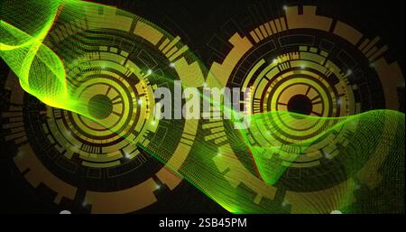 Image of connections and data processing over cogs spinning on black background Stock Photo
