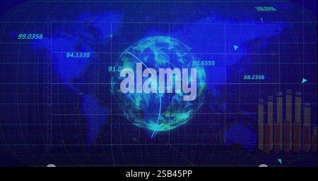 Digital globe with data points and bar graphs, financial data processing image Stock Photo
