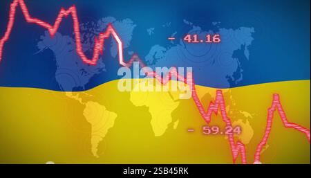 Red graph line and numbers image over world map and Ukraine flag Stock Photo