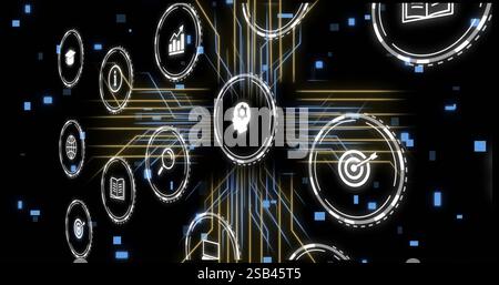 Icons representing various concepts and data processing image over dark background Stock Photo