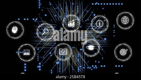 Icons representing various concepts with data processing image over dark background Stock Photo
