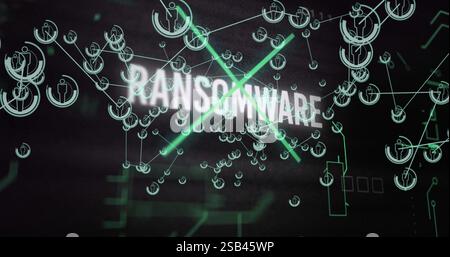 Ransomware text image over interconnected digital network and data symbols Stock Photo