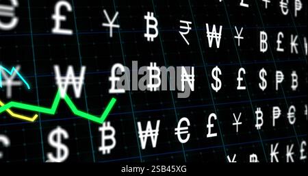 Currency symbols and fluctuating green line image over financial graph background Stock Photo