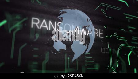 RANSOMWARE text image over rotating globe with binary code Stock Photo