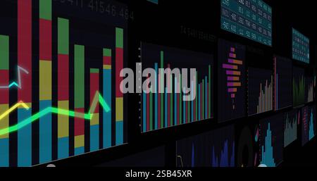 Financial data charts and graphs image over dark background Stock Photo