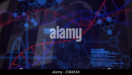 DNA strand and scientific data processing image over hexagonal molecular structures Stock Photo