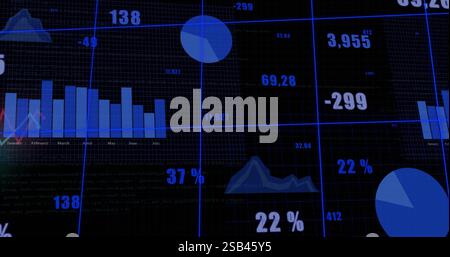 Financial data charts and percentages image over dark grid background Stock Photo