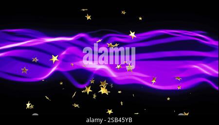 Purple wave image with golden stars floating on black background Stock Photo