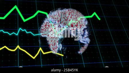 Green line graph image over rotating globe on dark grid background Stock Photo
