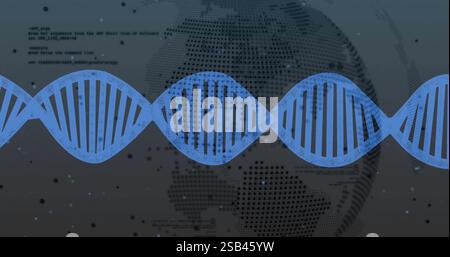 DNA strand image over digital world map and binary coding Stock Photo