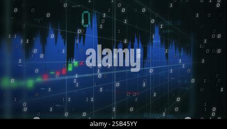 Binary code and financial chart image over stock market data Stock Photo