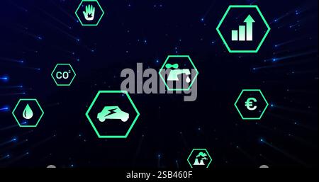 Hexagonal icons representing various technologies and metrics, futuristic image Stock Photo