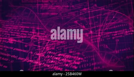 Image of dna strand with molecules over data processing on black background Stock Photo