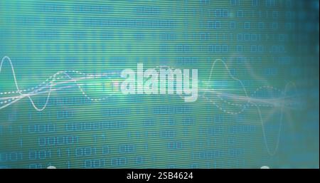 Data processing image with fluctuating graphs over binary code background Stock Photo