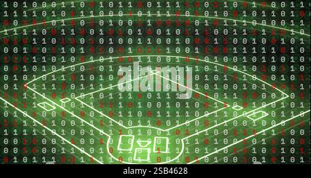 Binary code over baseball field image, representing data analysis in sports Stock Photo