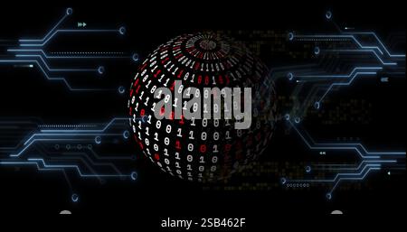 Binary code sphere with digital circuits and data processing image Stock Photo
