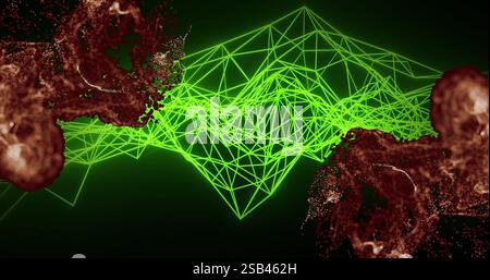 Green geometric network image over abstract red particles on dark background Stock Photo