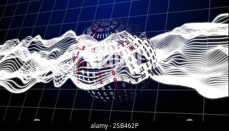 Binary code and wave patterns image over grid background Stock Photo