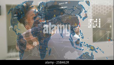 World map with data points and network connections image over people hugging Stock Photo