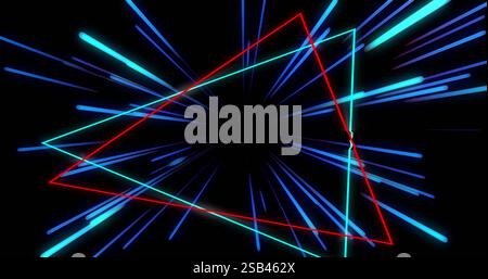 Colorful neon lines and triangles image creating dynamic, futuristic tunnel effect Stock Photo