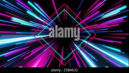 Neon diamond shape with colorful light streaks radiating outward in image Stock Photo