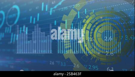 Financial data charts and graphs image over blue and yellow circular interface Stock Photo