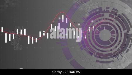 Candlestick chart and data visualization over abstract circular image Stock Photo
