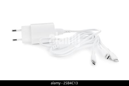 USB power adapter with triple charge cable isolated on white Stock Photo