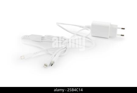 USB power adapter with triple charge cable isolated on white Stock Photo