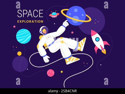 Space Exploration Vector Illustration featuring an Astronaut Floating in Outer Space Among Planets and a Rocket Embarking on a Galaxy Adventure Stock Vector