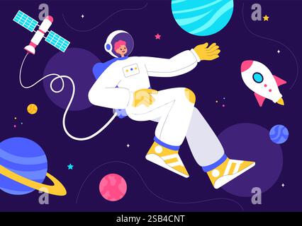 Space Exploration Vector Illustration featuring an Astronaut Floating in Outer Space Among Planets and a Rocket Embarking on a Galaxy Adventure Stock Vector
