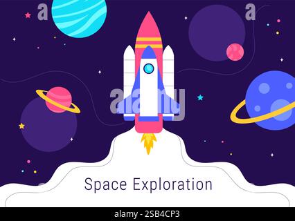 Space Exploration Vector Illustration featuring an Astronaut Floating in Outer Space Among Planets and a Rocket Embarking on a Galaxy Adventure Stock Vector