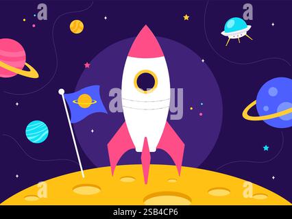 Space Exploration Vector Illustration featuring an Astronaut Floating in Outer Space Among Planets and a Rocket Embarking on a Galaxy Adventure Stock Vector