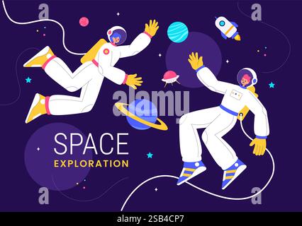 Space Exploration Vector Illustration featuring an Astronaut Floating in Outer Space Among Planets and a Rocket Embarking on a Galaxy Adventure Stock Vector