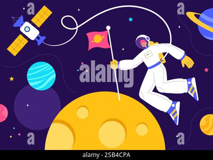 Space Exploration Vector Illustration featuring an Astronaut Floating in Outer Space Among Planets and a Rocket Embarking on a Galaxy Adventure Stock Vector