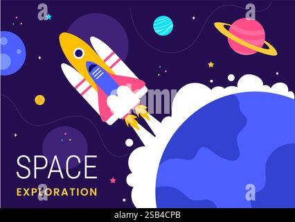 Space Exploration Vector Illustration featuring an Astronaut Floating in Outer Space Among Planets and a Rocket Embarking on a Galaxy Adventure Stock Vector