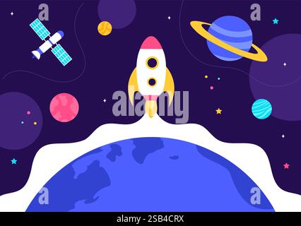 Space Exploration Vector Illustration featuring an Astronaut Floating in Outer Space Among Planets and a Rocket Embarking on a Galaxy Adventure Stock Vector
