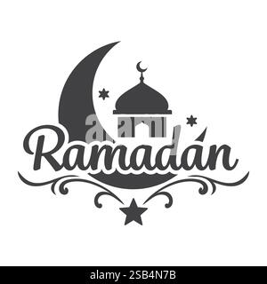 A stylized graphic design depicts Ramadan with a crescent moon, mosque, and stars. Stock Vector