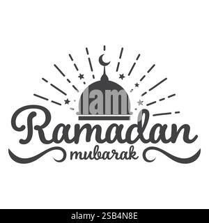 A stylized graphic depicts Ramadan Mubarak with a mosque dome crescent moon and stars. Stock Vector
