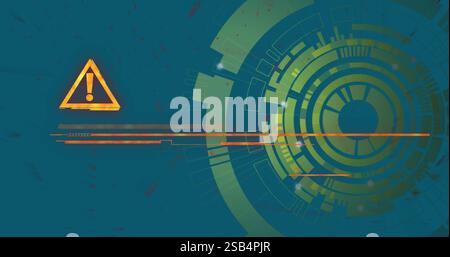 Image of scope scanning and shapes over danger text and warning symbol Stock Photo