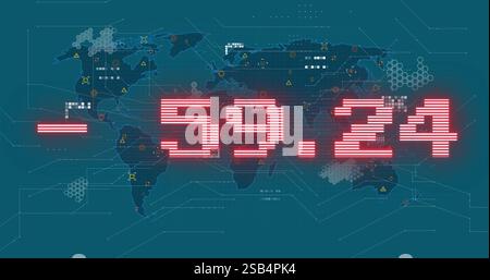 Red numerical data image over digital world map with network connections Stock Photo