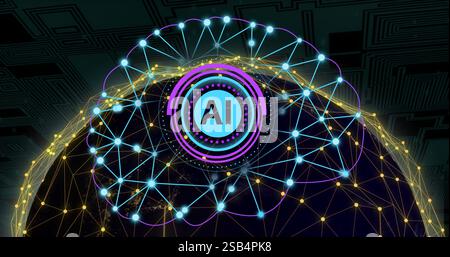 AI text and network connections image over digital globe Stock Photo
