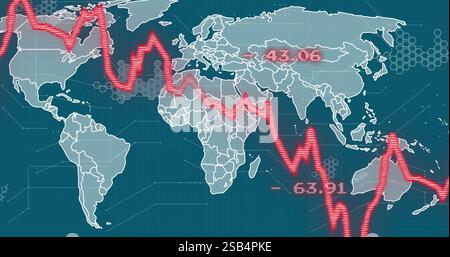 Red financial graph image over world map with numerical data points Stock Photo