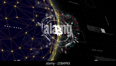 Bitcoin symbol with digital network and data processing image over globe Stock Photo