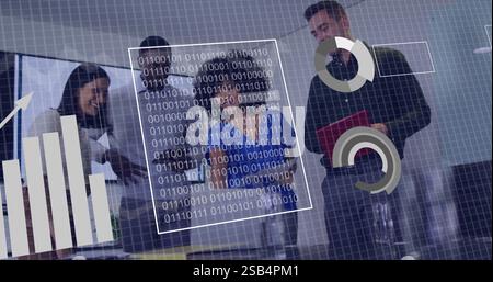 Business team collaborating with data charts and binary code image Stock Photo