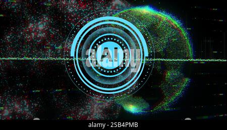 AI text over digital globe with data points and circular interface image Stock Photo