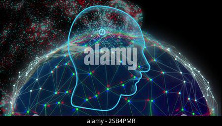 AI brain and neural network connections image over digital landscape Stock Photo