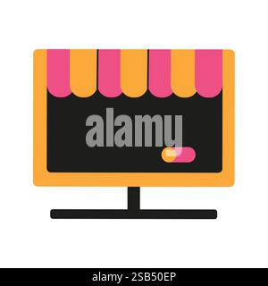 A colorful storefront displayed on a digital screen features bold stripes and an inviting vibe, showcasing creativity and modern design. Stock Vector