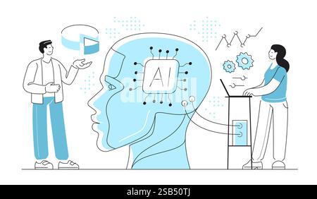 Robotic process automation of business workflows. Collaboration of humans and artificial intelligence. Engineering Stock Vector