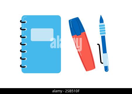Office stuff for notes, touch device with touch pen, notepad, and black pen. White background. Vector illustration Stock Vector
